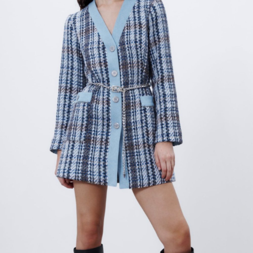 zara textured weave coat silver belt blue long sleeve mini dress size XS 8814 16 - Picture 6 of 7
